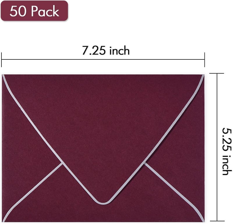 AZAZA A7 Burgundy Envelopes 5 x 7 With Silver Border - V flap, Quick Self Seal, | Perfect for 5x7 Cards, Weddings, Invitations, Graduation, Baby Shower | 5.25" x 7.25" | 50 Pack (Burgundy-Silver Border) - Image 3